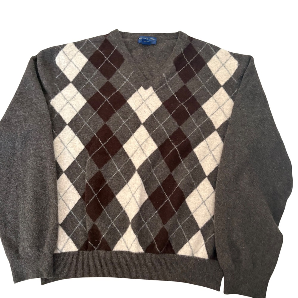 Joseph & Lyman Mens XXL 100% Cashmere Argyle V-Neck Sweater Grey Brown White